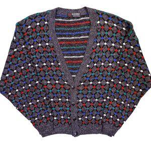 Vintage 1970s Sandia Made in the USA Colourful Knit Mohair Wool Cardigan XL
